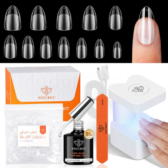 Picture of modelones Gel X Nail Kit, Short Almond Gel x Nail Tips, 9-in-One Nail Glue with Portable U V Nail Lamp, 216Pcs 12Sizes Press On Acrylic False Nails Tip Nail Extension DIY Nails Art Gift for Women