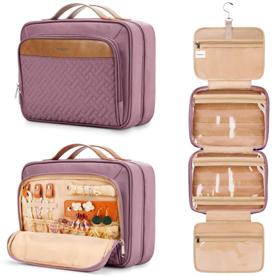 Picture of Travel Hanging Toiletry Bag for Women, with Jewelry Organizer Compartment, Medium Waterproof Hanging Makeup Accessories, Cosmetic Essentials, Toiletries Dopp Kit Set with Trolley Belt, Dark Purple