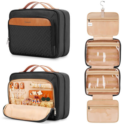 Picture of COOSKY Travel Hanging Toiletry Bag for Women, with Jewelry Organizer Compartment, Medium Waterproof Hanging Makeup Accessories, Cosmetic Essentials, Toiletries Dopp Kit Set with Trolley Belt, Black