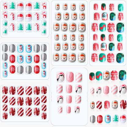 Picture of 120 Pieces Girls Press on Nails Fake Nails Artificial Nails Children Full Cover Short False Fingernails for Girls Kids Nail Design Decoration (Merry Christmas)