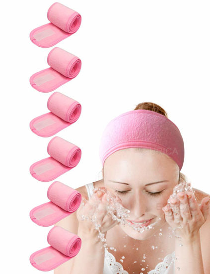 Picture of EUICAE Spa Headband Pack of 6 All Pink Sweat Head Towels - Non-slip, Stretchable, Washable Makeup Headbands for Face Wash, Facial Treatment, Sports