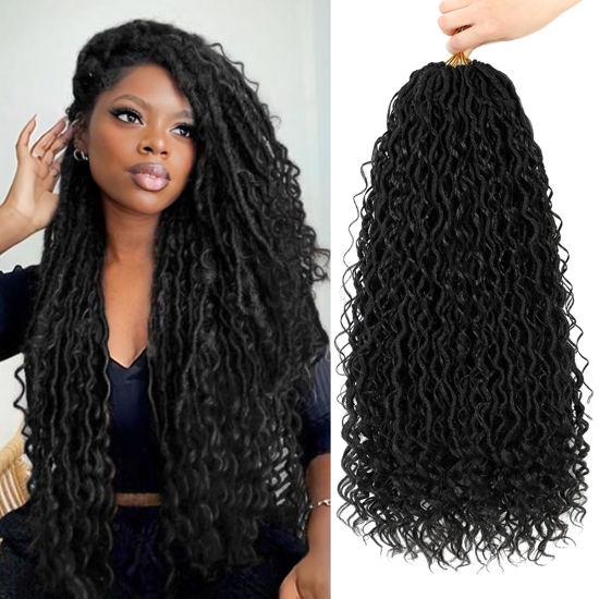 Picture of 8 Packs Goddess Faux Locs Crochet Hair for Black Women, Long Goddess Locs Crochet Hair, Boho Style Locs, River Locs Crochet Hair with Curly Ends (22Inch, 1B#, 8Packs)