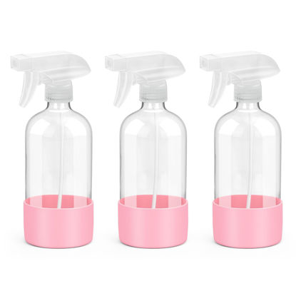Picture of Rionisor Glass Spray Bottles with Silicone Sleeve Protection, Empty 16 oz Refillable Containers, Reusable Spray Bottles with Adjustable Nozzle for Hair, Cleaning Solutions, 3 Pack Pink