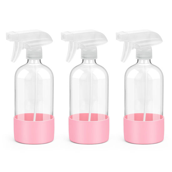 Picture of Rionisor Glass Spray Bottles with Silicone Sleeve Protection, Empty 16 oz Refillable Containers, Reusable Spray Bottles with Adjustable Nozzle for Hair, Cleaning Solutions, 3 Pack Pink