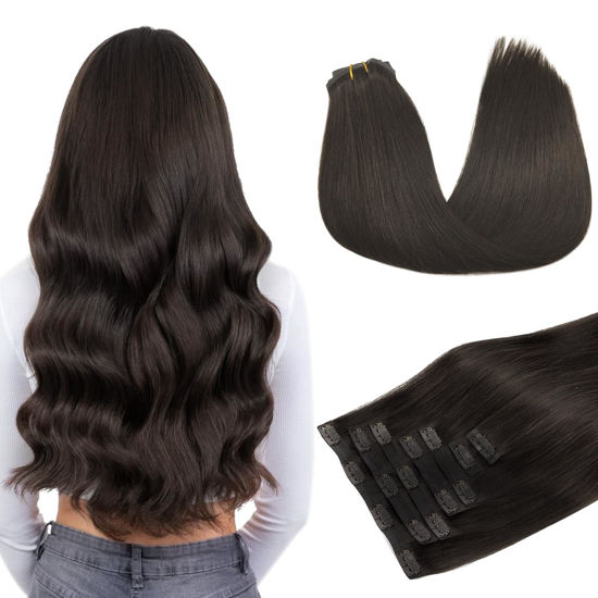 Picture of DOORES Hair Extensions Real Human Hair, Dark Brown 7pcs 120g 24 Inch, Clip in Hair Extensions Human Hair Seamless Clip in Hair Extensions Natural Invisi Edge Hair Extensions Straight Hair