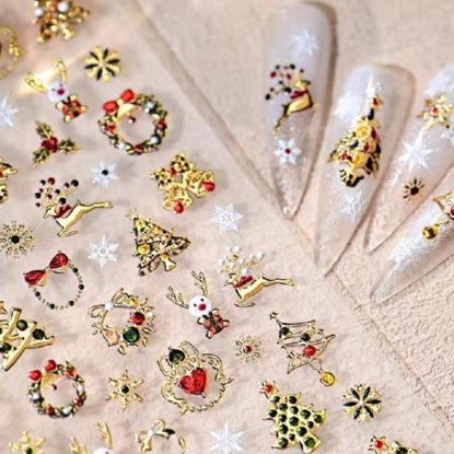 Picture of 5D Embossed Christmas Nail Stickers for Nail Art Gold Xmas Tree Nail Art Stickers Elk Snowflake Nail Decals Self-Adhesive Garland Nail Art Decals for Women Nail Supplies Art Design Accessories