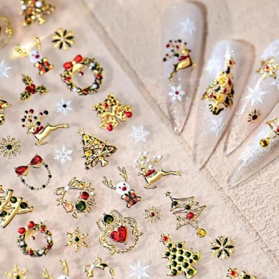 Picture of 5D Embossed Christmas Nail Stickers for Nail Art Gold Xmas Tree Nail Art Stickers Elk Snowflake Nail Decals Self-Adhesive Garland Nail Art Decals for Women Nail Supplies Art Design Accessories