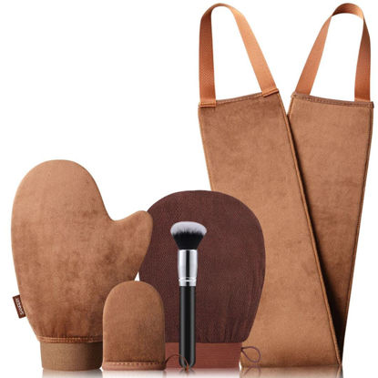 Picture of Self Tanning Mitt Applicator Kit - Sanfery 5 Pack Tanning Mitts Self Tanner Mitt Applicator Kit Self Tan Mitt Kit with Tanning Glove, Back Applicator, Mini Tan Mit, Exfoliating Mitt, Brush