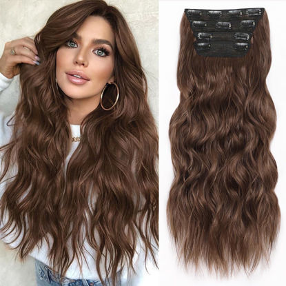 Picture of ALXNAN Clip in Hair Extensions for Women,Light Brown Long Wavy Hair Extensions Clip Ins 4PCS 24 Inch Synthetic Soft and Natural Thick Hair Pieces for Women