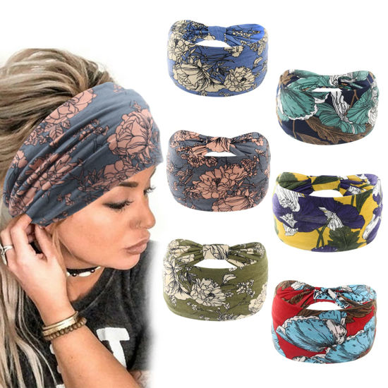 Picture of Yeshan Boho Bandeau headbands for Women Wide Bandana Knot Hair Scarf Floral Printed African Hair Bands Elastic Turban Thick Head Wraps Stretch Cotton Head Bands,Pack of 6