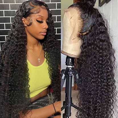 Picture of WPPIKK 13x4 Lace Front Wigs Human Hair Pre Plucked Brazilian Water Wave Human Hair Wigs for Black Women Glueless 180% Density Curly Lace Frontal Wigs Human Hair (36 Inch)