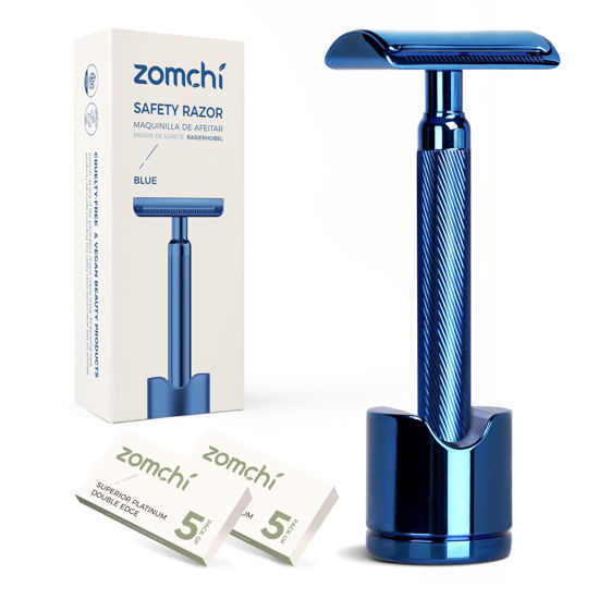 Picture of ZOMCHI Reusable Safety Razor with Razor Stand for Men & Women, Premium Metal Safety Razor with 10 DE Safety Razor Blades, Plastic Free Razor - Noble Blue