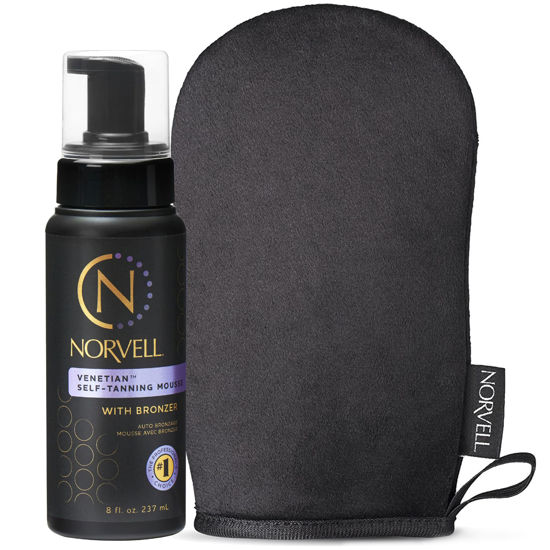 Picture of Norvell Sunless Self Tanning Bundle - Venetian Self Tanner Mousse with Bronzer, 8 Fl Oz + Streak-Free Tan Applicator Mitt - Premium Natural Looking Self Tanning Foam and Washable Self Tan Mitt
