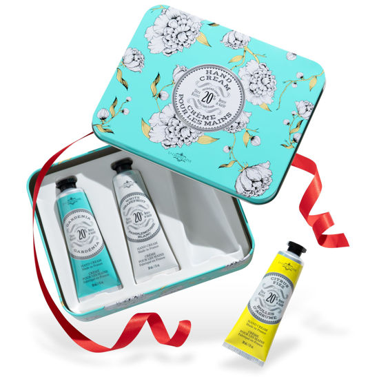 Picture of La Chatelaine Hand Cream Trio Tin Gift Set, Natural Hand Lotion, Made in France with 20% Organic Shea Butter, Moisturizing (Gardenia, White Grapefruit, Citrus Fizz) 3 x 1 fl.