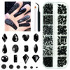Picture of 2052Pcs Black Nail Art Rhinestones Kit 72 Multi Shapes Crystal Flatback Rhinestones Gems +1980 Jet Black Round Beads Glass Stones Diamonds Jewels w Tweezer & Wax Pen for Nail Faces Eyes Makeup Crafts