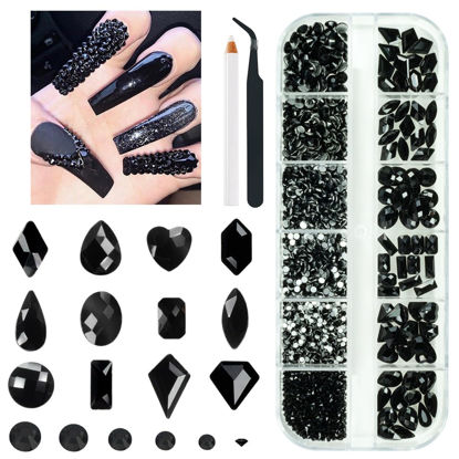 Picture of 2052Pcs Black Nail Art Rhinestones Kit 72 Multi Shapes Crystal Flatback Rhinestones Gems +1980 Jet Black Round Beads Glass Stones Diamonds Jewels w Tweezer & Wax Pen for Nail Faces Eyes Makeup Crafts