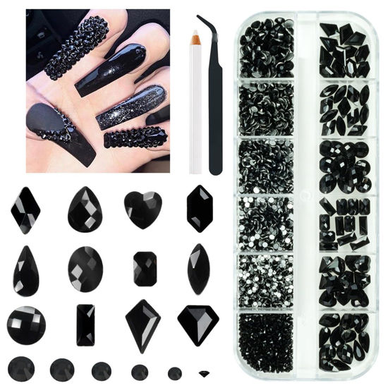 Picture of 2052Pcs Black Nail Art Rhinestones Kit 72 Multi Shapes Crystal Flatback Rhinestones Gems +1980 Jet Black Round Beads Glass Stones Diamonds Jewels w Tweezer & Wax Pen for Nail Faces Eyes Makeup Crafts