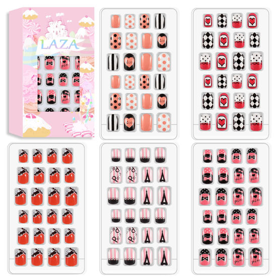 Picture of Laza 120pcs Children Nails Press On Pre-glue Full Cover Black Red Pink Bowknot Heart Dots Stripe Rhombus Short False Nail Kits for Kids Teenager Girls - Red Black Bow Tie
