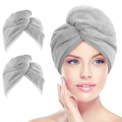Picture of AIDEA Microfiber Hair Towel Wrap, 2 Pack Hair Turbans, Super Absorbent Quick Dry Hair Towel Wrap for All Hair Types Anti Frizz, 26"×10", Grey