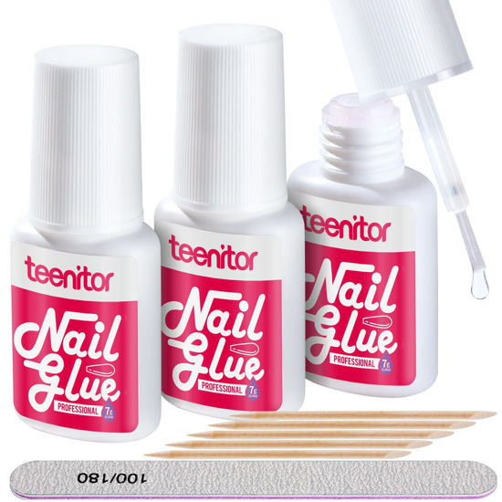 Picture of Teenitor Nail Glue for Press Ons, 3 Pack Best Nail Glue for Gel Tips with Nail Files, Super Strong Nail Glue for Broken Nail Brush on Nail Glue for Press on Nails