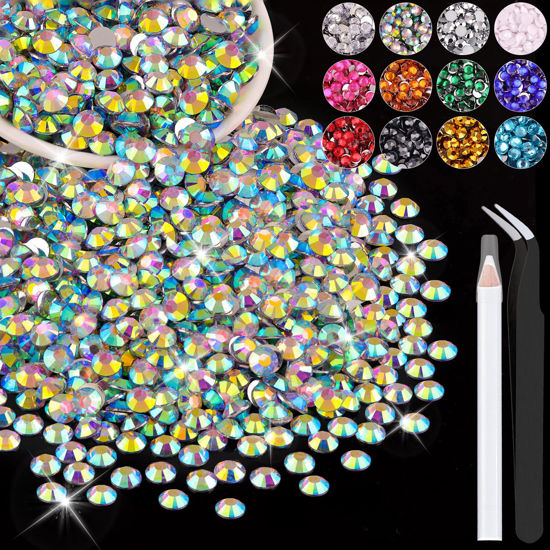 Picture of 4000PCS 4mm Resin Rhinestones in Bulk (AB), Bedazzling Flatback Crystals for Crafts DIY Nail Decoration, Gems Charms for Tumbler Shoes Clothing Fabric with Pickup Pen and Tweezers