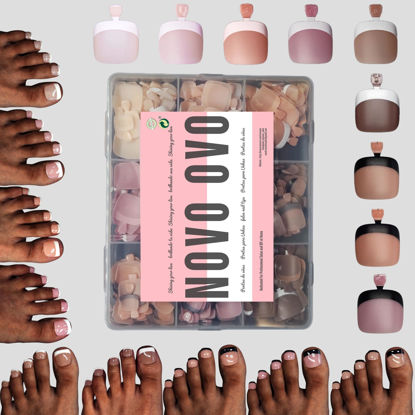 Picture of NOVO OVO Toe Nail French Tip Press on Combo, Mixed 9 Color Soft Gel Acrylic Fake toenail Extension kit, Medium Pre-applied Tip Primer & Base Coat, Full Cover Matte False Nils DIY x 15 Sizes 270 Pcs