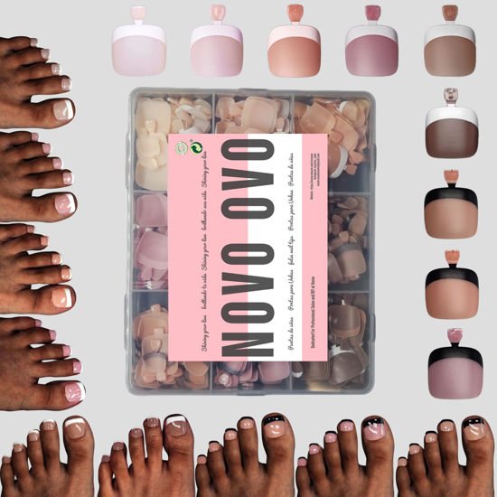 Picture of NOVO OVO Toe Nail French Tip Press on Combo, Mixed 9 Color Soft Gel Acrylic Fake toenail Extension kit, Medium Pre-applied Tip Primer & Base Coat, Full Cover Matte False Nils DIY x 15 Sizes 270 Pcs