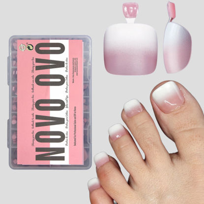 Picture of NOVO OVO French Tip Ombre Toe Nail Tips Press on, Soft Gel Fake Toenail Extension, BERRY OMBRE Square Round Pre-applied Tip Primer & Base Coat, Full Cover Matte False Nails for DIY x 15 Sizes 360 Pc
