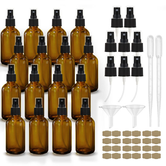 Picture of GIVAMEIHF Amber Spray Bottles about 4oz Empty Small Glass Spray Bottle Fine Mist Spray Refillable Containers, Set of 16, Included 24 nozzles, 2 Funnels, 2 Droppers, 24 Labels