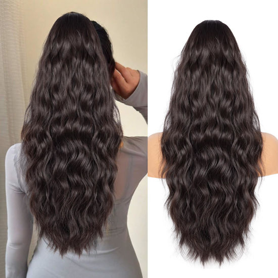 Picture of Drawstring Ponytail for Women, 26 inch Long Ponytail Extension, Soft Synthetic Pony Tails Hair Extensions, Clip in Ponytail Hair Extension for Daily Use (Dark Brown With a Slight Auburn Luster)