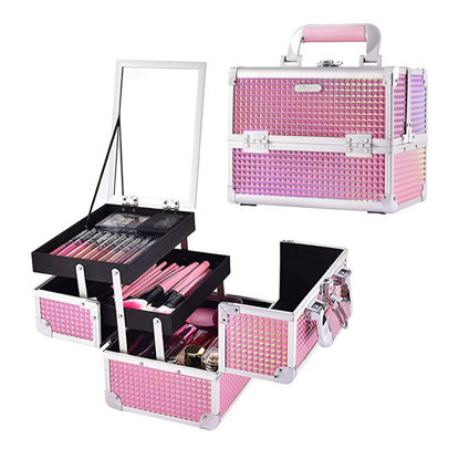 Picture of Joligrace Makeup Train Case Cosmetic Box Portable Makeup Case Organizer 2 Trays Makeup Storage with Mirror Locking for Cosmetologist Aesthetic Supplies Nail Tech Traveling Makeup Box Mermaid Pink