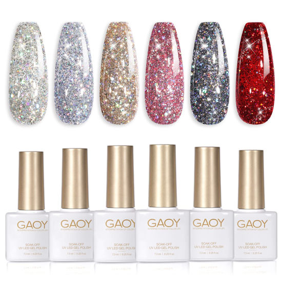Picture of GAOY Glitter Ruby Nail Polish Set, 6 Colors Including Sparkly Shiny Red Black Pink Gel Polish Kit UV LED Soak Off Home DIY Manicure Nail Salon Varnish