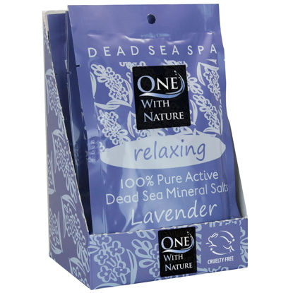 Picture of 100% Pure Dead Sea Mineral Bath Salt Lavender 6 Pack 2.5 oz Single Use Packets with Magnesium, Sulfur and 21 Essential Minerals. All Skin Types, Problem Skin. Natural, Therapeutic.