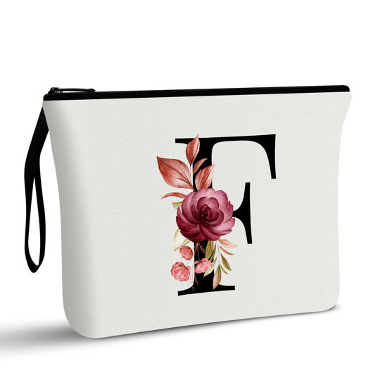 Picture of Vavabox A-Z Personalized Makeup Bag,Birthday Gifts for Women Mom,Gifts for Best Friend,Bride Bridesmaid Cosmetic bag (F, White)