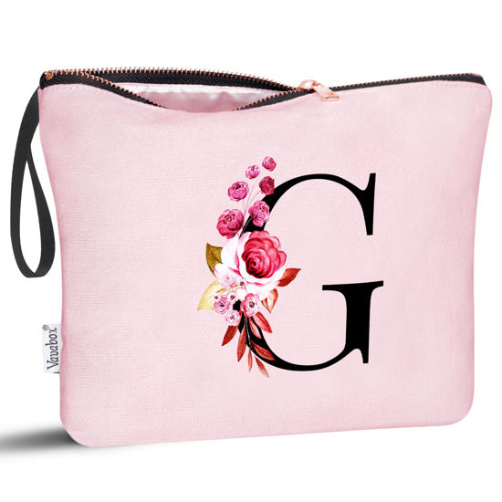 Picture of Vavabox A-Z Personalized Makeup Bag,Birthday Gifts for Women Mom,Gifts for Best Friend,Bride Bridesmaid Cosmetic bag (G, Pink)