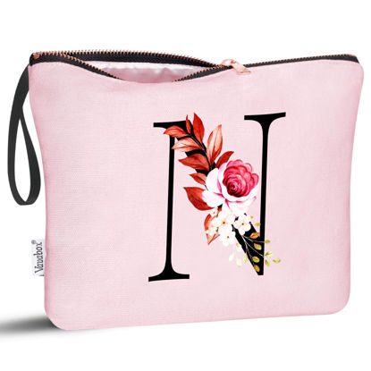 Picture of Vavabox A-Z Personalized Makeup Bag,Birthday Gifts for Women Mom,Gifts for Best Friend,Bride Bridesmaid Cosmetic bag (N, Pink)