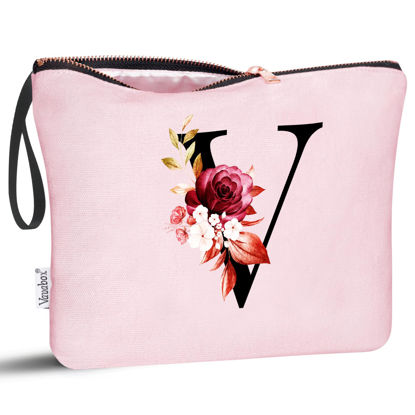 Picture of Vavabox A-Z Personalized Makeup Bag,Birthday Gifts for Women Mom,Gifts for Best Friend,Bride Bridesmaid Cosmetic bag (V, Pink)