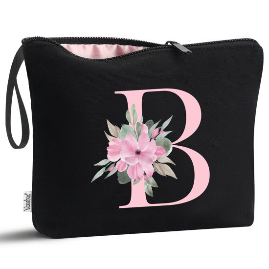 Picture of Vavabox A-Z Personalized Makeup Bag,Birthday Gifts for Women Mom,Gifts for Best Friend,Bride Bridesmaid Cosmetic bag (B, Black)