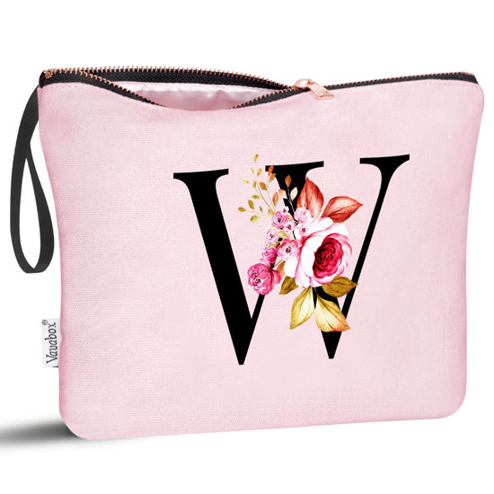 Picture of Vavabox A-Z Personalized Makeup Bag,Birthday Gifts for Women Mom,Gifts for Best Friend,Bride Bridesmaid Cosmetic bag (W, Pink)