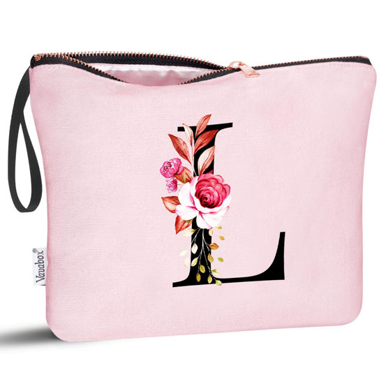 Picture of Vavabox A-Z Personalized Makeup Bag,Birthday Gifts for Women Mom,Gifts for Best Friend,Bride Bridesmaid Cosmetic bag (L, Pink)