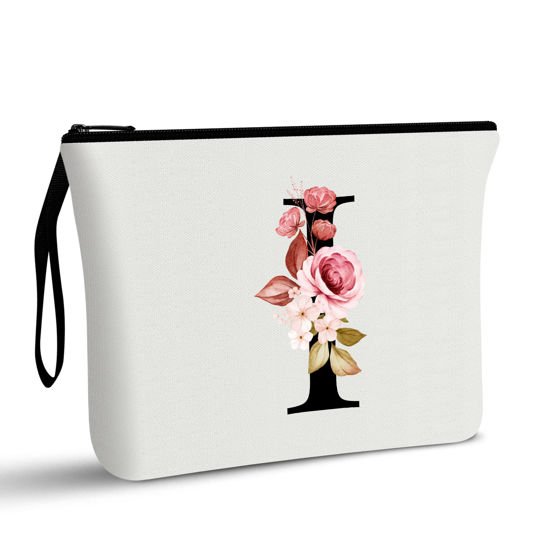 Picture of Vavabox A-Z Personalized Makeup Bag,Birthday Gifts for Women Mom,Gifts for Best Friend,Bride Bridesmaid Cosmetic bag (I, White)