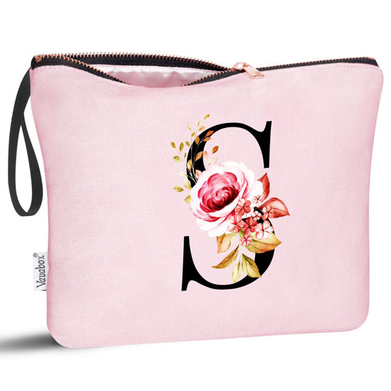 Picture of Vavabox A-Z Personalized Makeup Bag,Birthday Gifts for Women Mom,Gifts for Best Friend,Bride Bridesmaid Cosmetic bag (S, Pink)