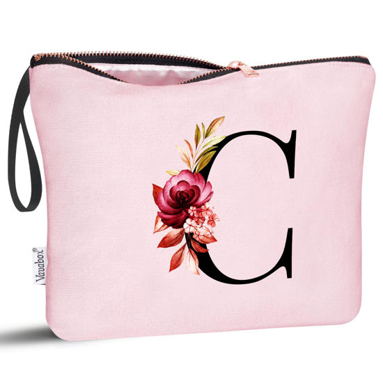 Picture of Vavabox A-Z Personalized Makeup Bag,Birthday Gifts for Women Mom,Gifts for Best Friend,Bride Bridesmaid Cosmetic bag (C, Pink)