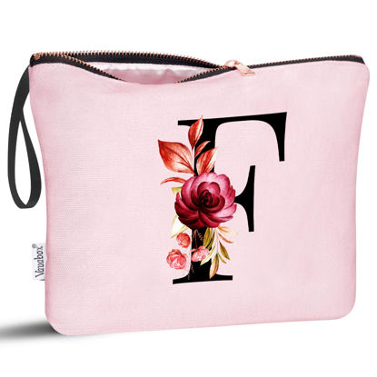 Picture of Vavabox A-Z Personalized Makeup Bag,Birthday Gifts for Women Mom,Gifts for Best Friend,Bride Bridesmaid Cosmetic bag (F, Pink)