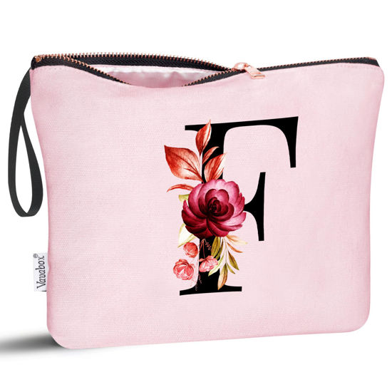 Picture of Vavabox A-Z Personalized Makeup Bag,Birthday Gifts for Women Mom,Gifts for Best Friend,Bride Bridesmaid Cosmetic bag (F, Pink)