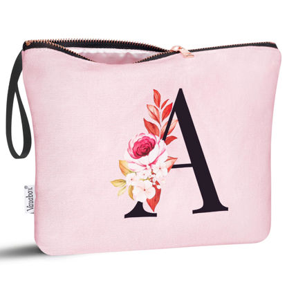 Picture of Vavabox A-Z Personalized Makeup Bag,Birthday Gifts for Women Mom,Gifts for Best Friend,Bride Bridesmaid Cosmetic bag (A, Pink)