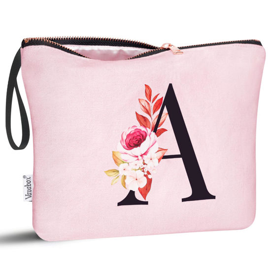 Picture of Vavabox A-Z Personalized Makeup Bag,Birthday Gifts for Women Mom,Gifts for Best Friend,Bride Bridesmaid Cosmetic bag (A, Pink)