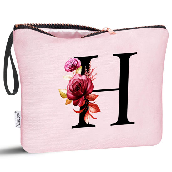Picture of Vavabox A-Z Personalized Makeup Bag,Birthday Gifts for Women Mom,Gifts for Best Friend,Bride Bridesmaid Cosmetic bag (H, Pink)
