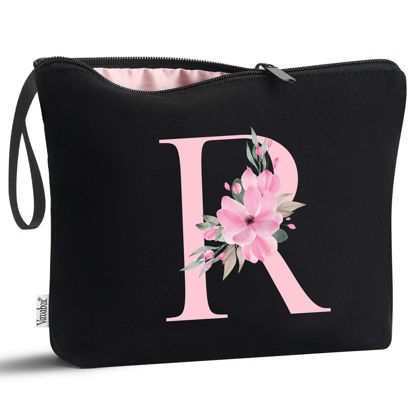 Picture of Vavabox A-Z Personalized Makeup Bag,Birthday Gifts for Women Mom,Gifts for Best Friend,Bride Bridesmaid Cosmetic bag (R, Black)