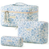 Picture of HBselect Quilted Makeup Bag, 3PCS Cotton Large Travel Makeup Bag, Cute Floral Coquette Make up Bag Cosmetic Bag Toiletry Bag for Women Girls